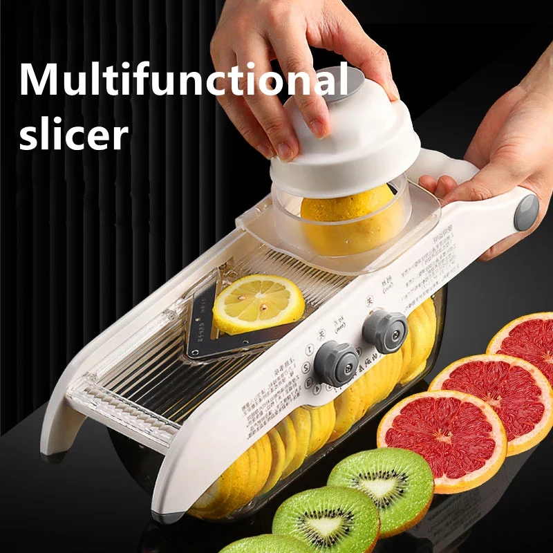 Household Kitchen Gadgets Vegetable Cutter Silk Cutter - Multifunktionaler Zitronenschneider, Gemüsereibe mit Korb, V-Klinge,