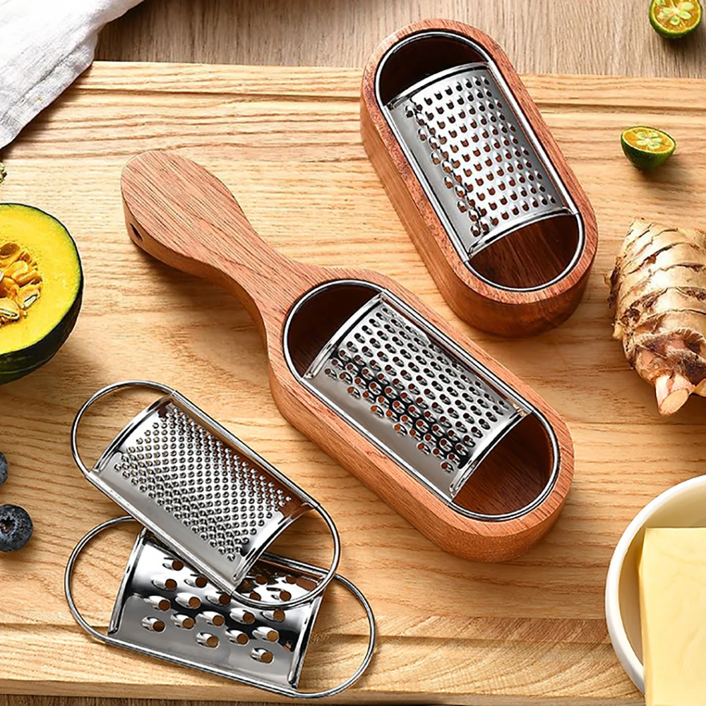 Cheese Grater Box - 1/3-teilige Käsereibe mit Holz-Aufbewahrungsbox, Edelstahl-Käsereibe, Multifunktionaler